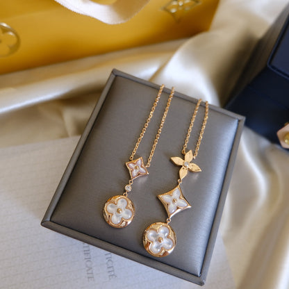 [⭐Hyrra Jewelry]COLOR BLOSSOM LARIAT NECKLACE PINK GOLD WHITE MOTHER PEARL AND DIAMOND