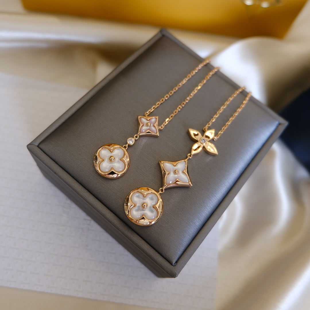 [⭐Hyrra Jewelry]COLOR BLOSSOM LARIAT NECKLACE PINK GOLD WHITE MOTHER PEARL AND DIAMOND
