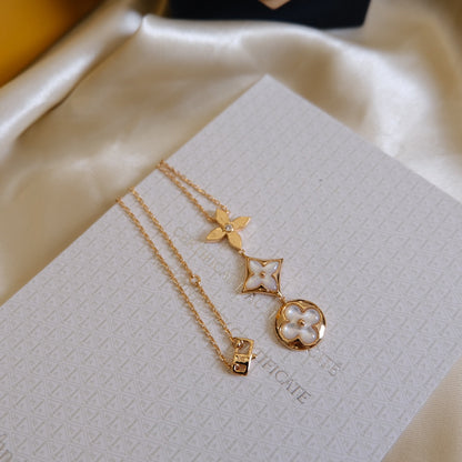[⭐Hyrra Jewelry]COLOR BLOSSOM LARIAT NECKLACE PINK GOLD WHITE MOTHER PEARL AND DIAMOND