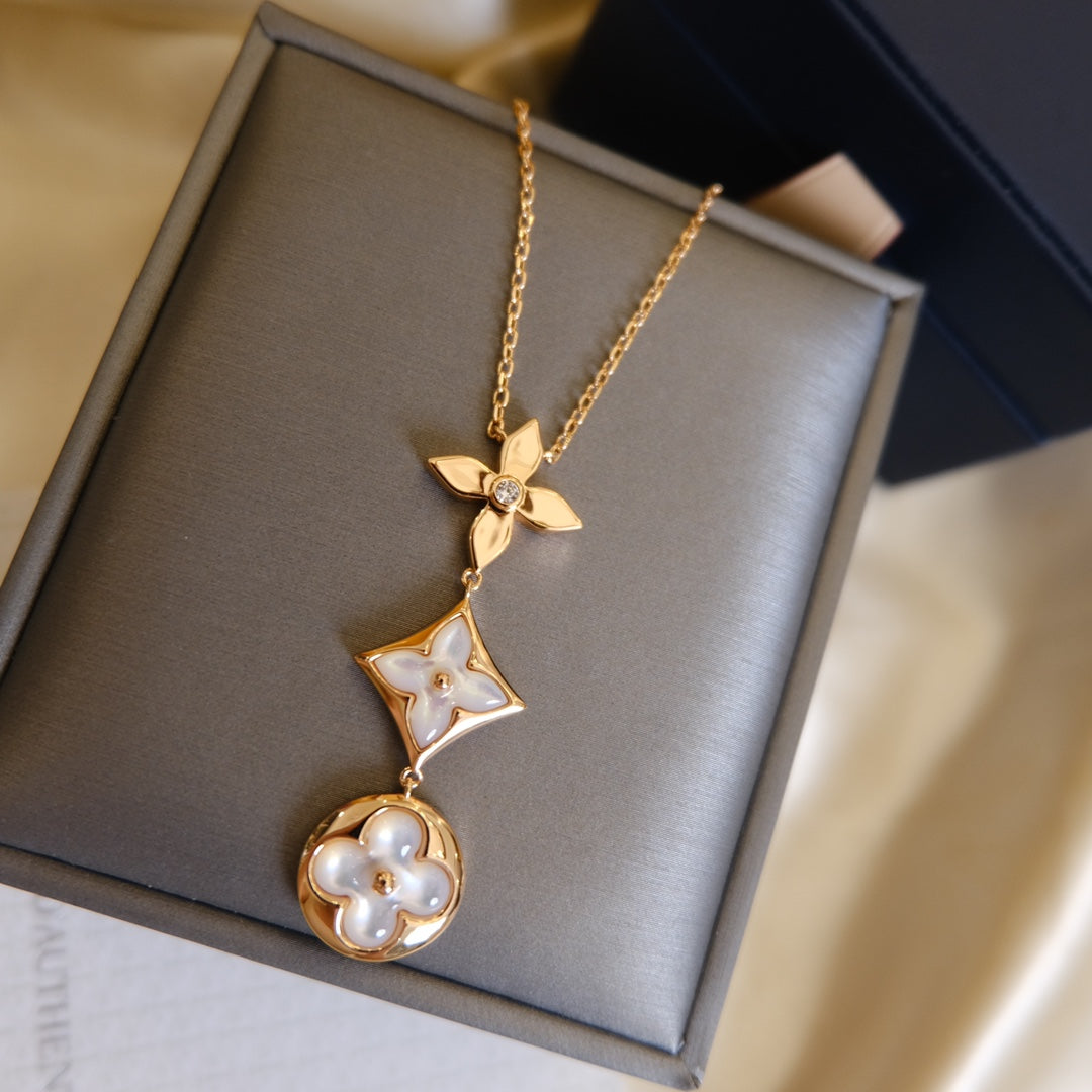 [⭐Hyrra Jewelry]COLOR BLOSSOM LARIAT NECKLACE PINK GOLD WHITE MOTHER PEARL AND DIAMOND