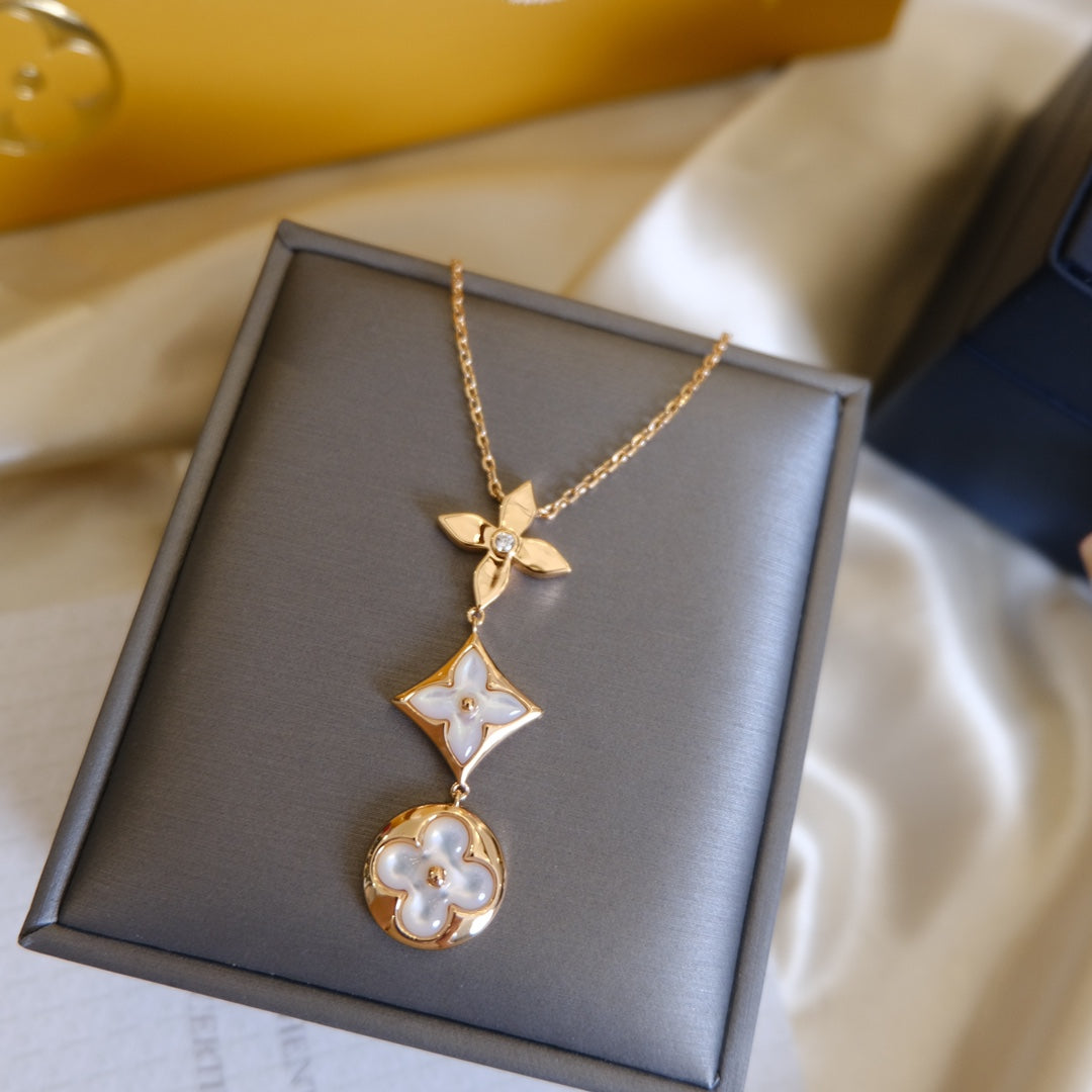 [⭐Hyrra Jewelry]COLOR BLOSSOM LARIAT NECKLACE PINK GOLD WHITE MOTHER PEARL AND DIAMOND
