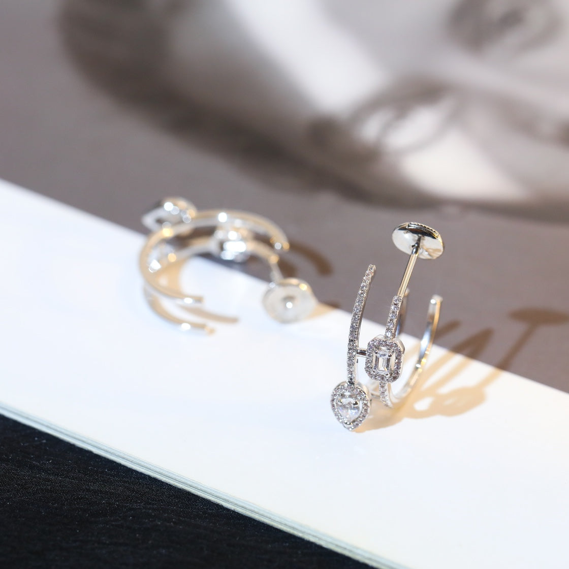 [⭐Hyrra Jewelry]CREOLES MY TWIN 2 RANGS SILVER DIAMOND EARRINGS