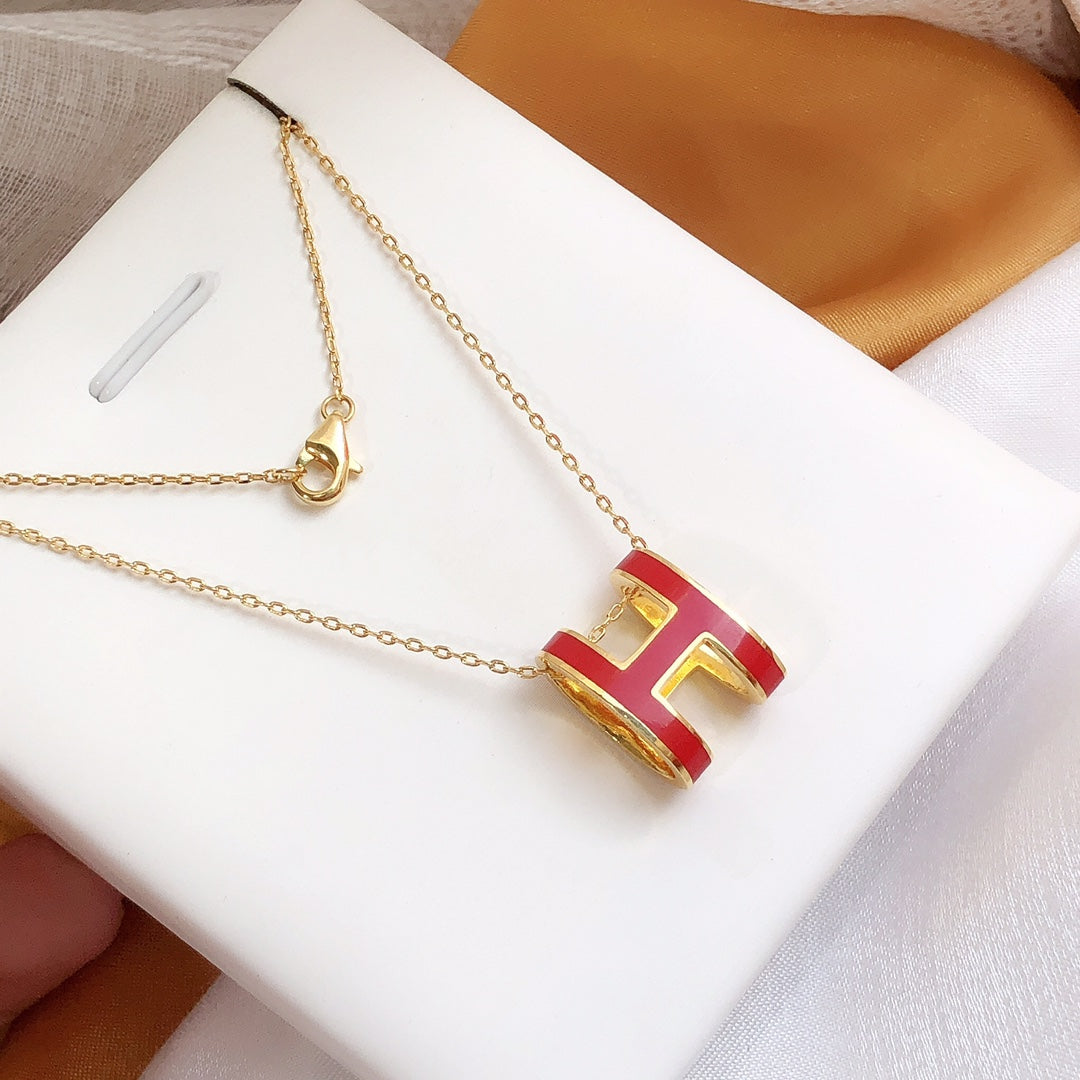 [⭐Hyrra Jewelry]HM CLIC RED ENAMEL GOLD NECKLACE