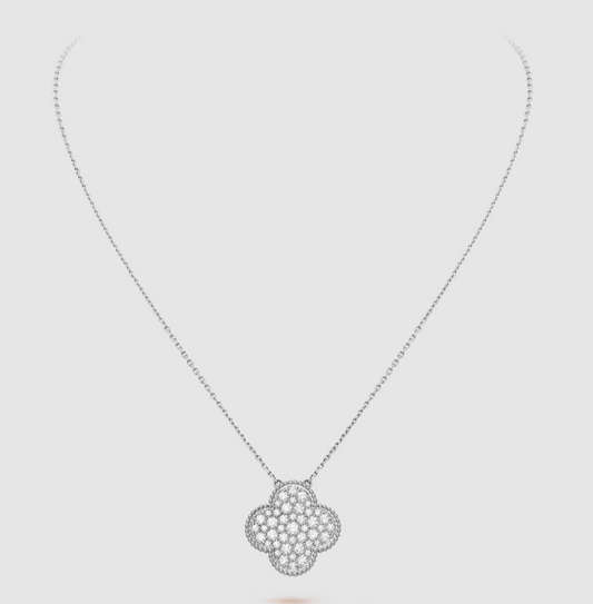 [⭐Hyrra Jewelry]CLOVER 25MM LARGE PENDANT DIAMOND PAVED SILVER NECKLACE