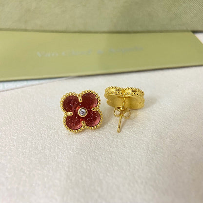 [⭐Hyrra Jewelry]2026 NEW  CLOVER 1 MOTIFPINK ENAMEL STUD EARRINGS WITH DIAMONDS
