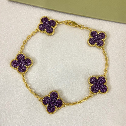 [⭐Hyrra Jewelry]NEW PURPLE SAND-GOLD FOUR-LEAF CLOVER 5-FLOWER BRACELET
