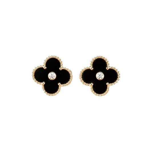 [⭐Hyrra Jewelry]CLOVER MEDIUM 1 MOTIFS ONYX DIAMOND EARRINGS
