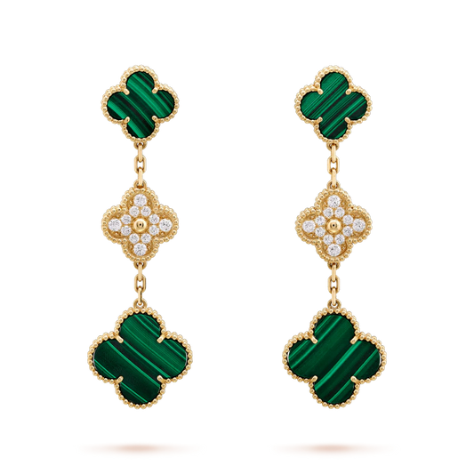 [⭐Hyrra Jewelry]CLOVER EARRINGS GOLD MALACHITE DIAMOND 3 MOTIF