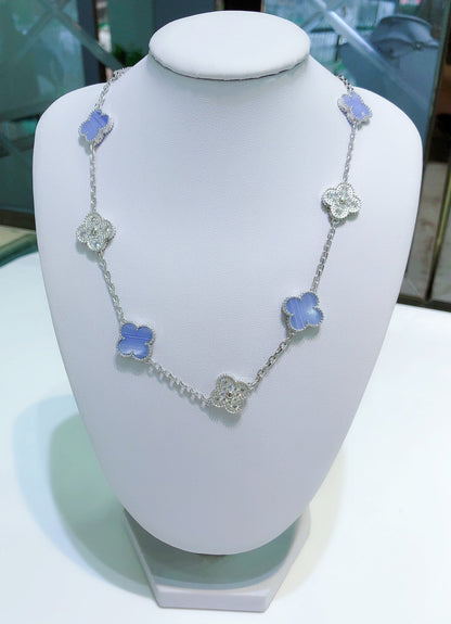 [⭐Hyrra Jewelry]CLOVER 10 MOTIFS CHALCEDONY DIAMONDS SILVER NECKLACE