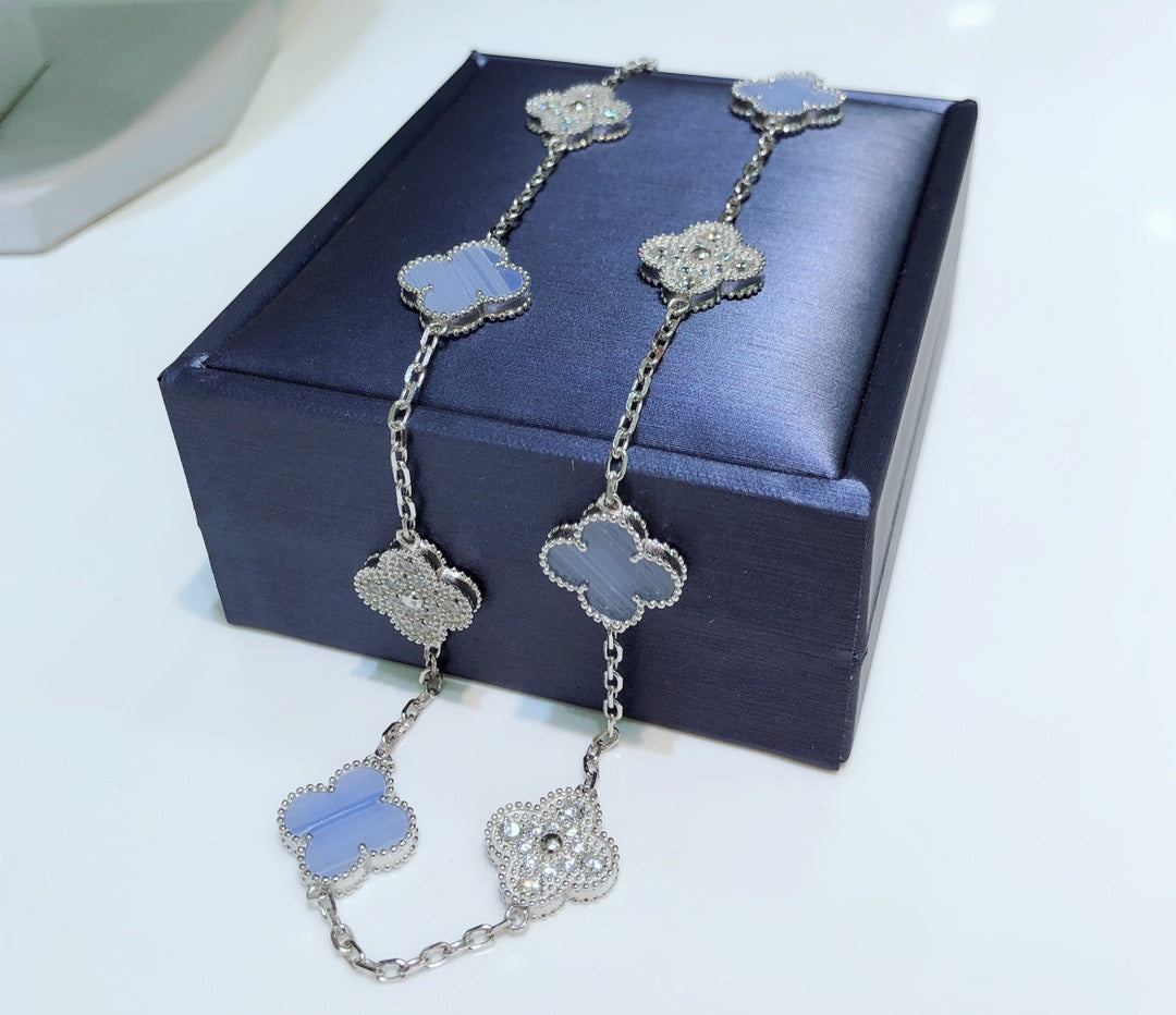[⭐Hyrra Jewelry]CLOVER 10 MOTIFS CHALCEDONY DIAMONDS SILVER NECKLACE