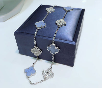 [⭐Hyrra Jewelry]CLOVER 10 MOTIFS CHALCEDONY DIAMONDS SILVER NECKLACE