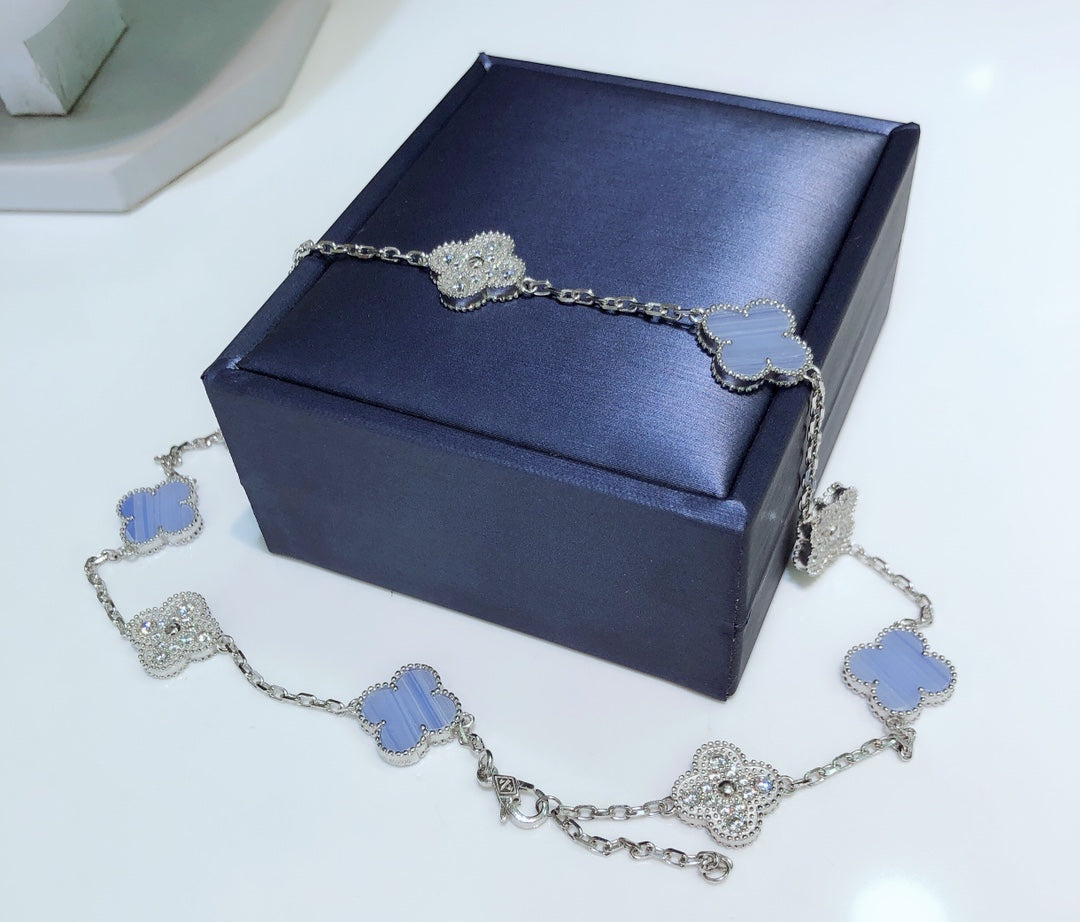 [⭐Hyrra Jewelry]CLOVER 10 MOTIFS CHALCEDONY DIAMONDS SILVER NECKLACE