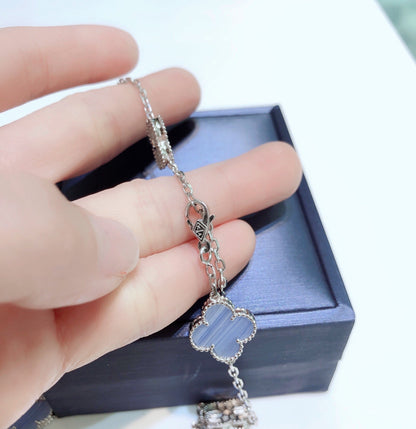[⭐Hyrra Jewelry]CLOVER 10 MOTIFS CHALCEDONY DIAMONDS SILVER NECKLACE