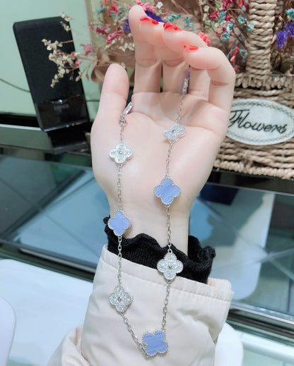 [⭐Hyrra Jewelry]CLOVER 10 MOTIFS CHALCEDONY DIAMONDS SILVER NECKLACE